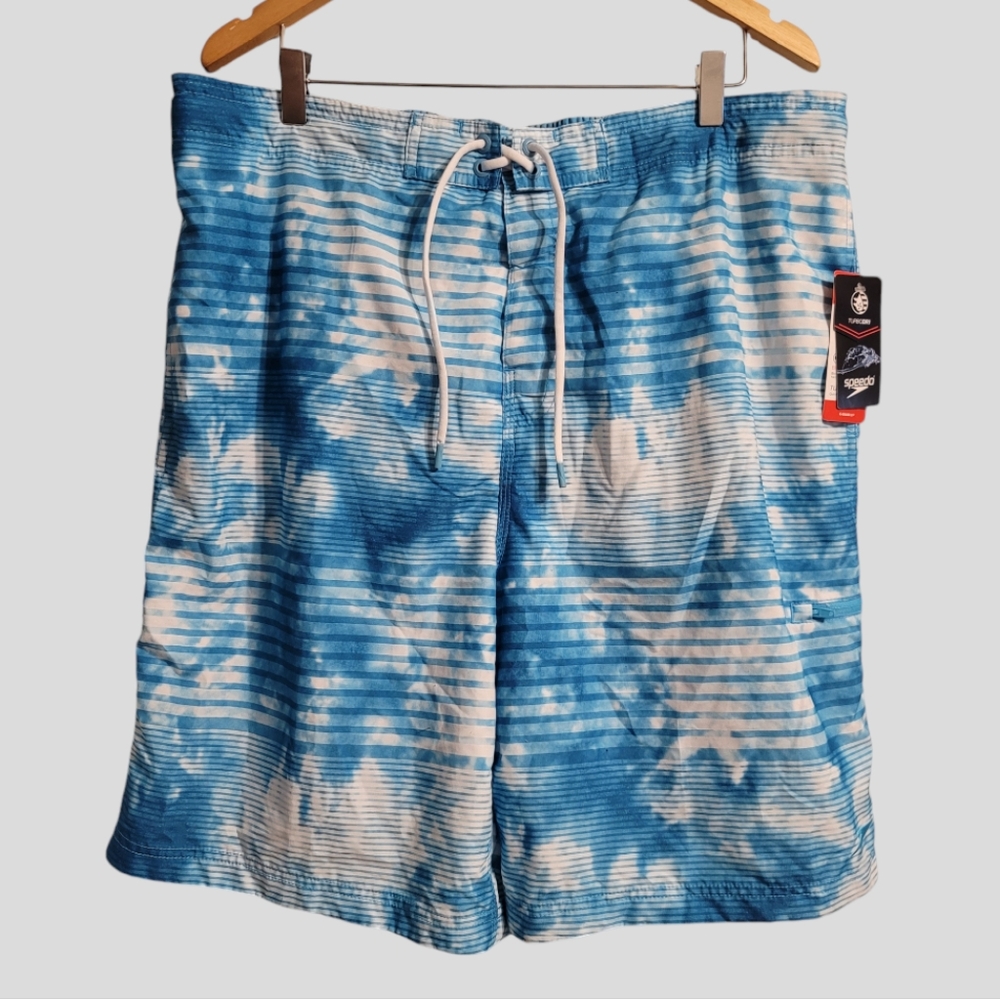 SPEEDO Shorts Men's XXL Blue White TurboDri Trunks Drawcord Swimwear UV50+ Beach